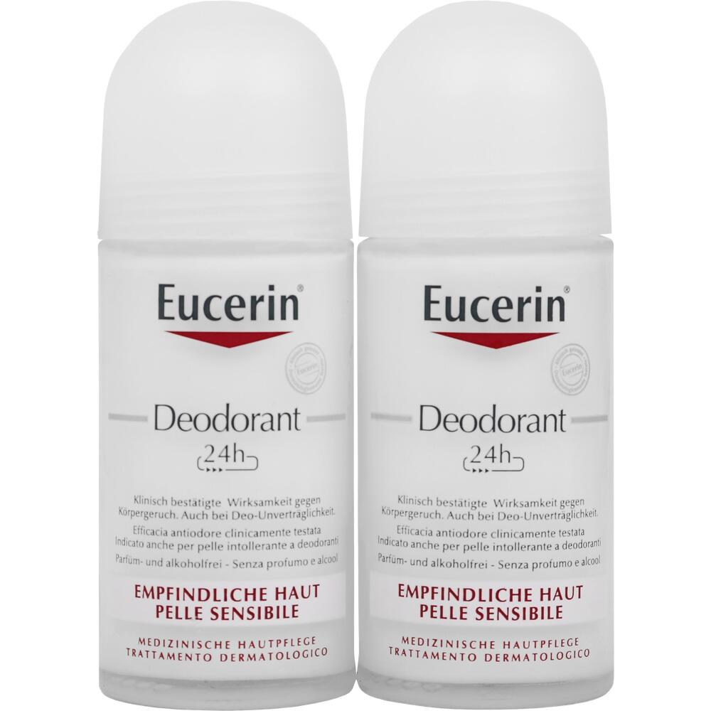 Zwei Eucerin Deodorant-Roll-ons f&uuml;r empfindliche Haut, jeweils 24 Stunden Schutz.