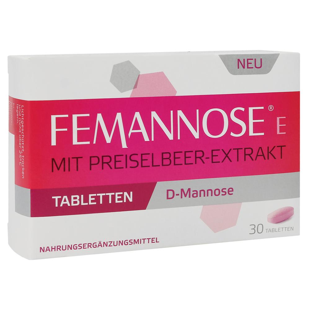 Verpackung von Femanose E Tabletten, ein Nahrungserg&auml;nzungsmittel mit Preiselbeer-Extrakt.