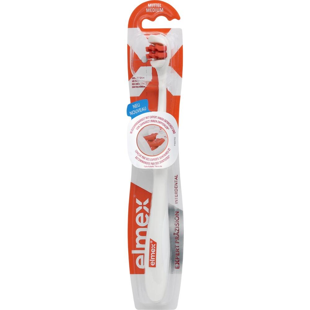 Eine verpackte Zahnbürste der Marke Elmex mit rotem Stiel.