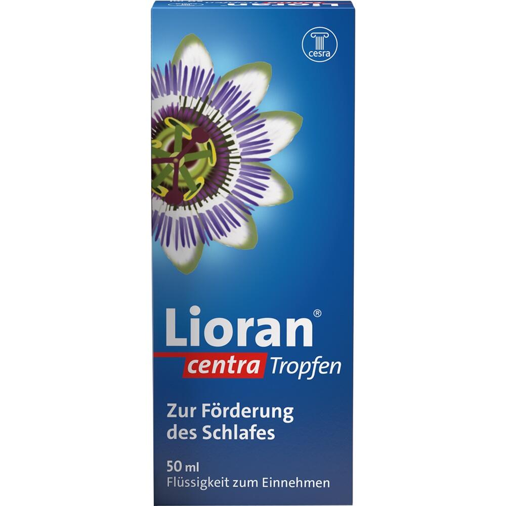 Blaue Packung mit einer Blume und der Aufschrift "Lioran centra Tropfen".
