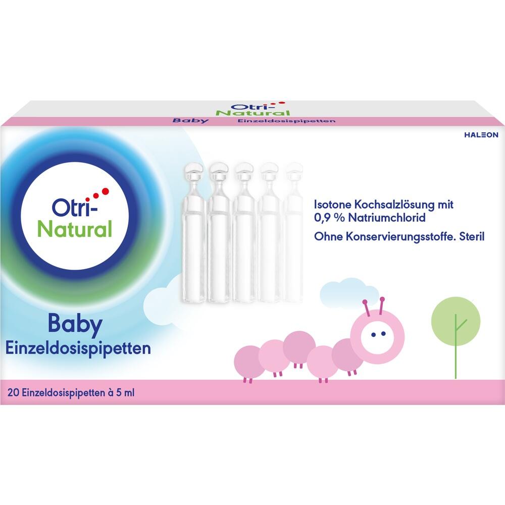 Wei&szlig;e Pipetten und eine rosa Raupe auf einer Verpackung f&uuml;r Baby-Kochsalzl&ouml;sung.