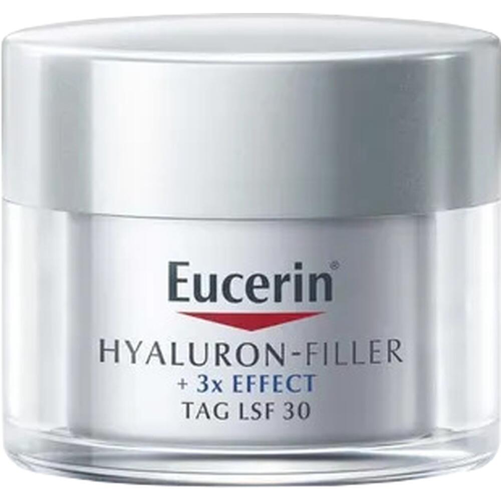 Creme-Tiegel von Eucerin mit der Aufschrift "Hyaluron-Filler + 3x Effect, Tag LSF 30".