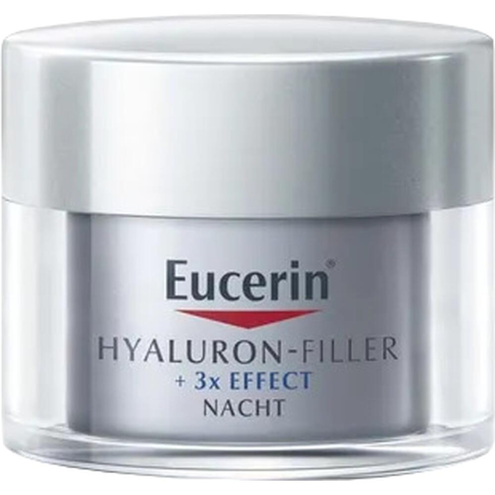 Graues Creme-D&ouml;schen mit Eucerin-Logo und der Aufschrift "Hyaluron-Filler Nacht".