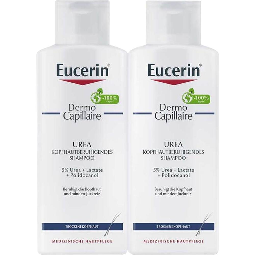 Zwei Flaschen Eucerin Urea Shampoo f&uuml;r trockene Kopfhaut.