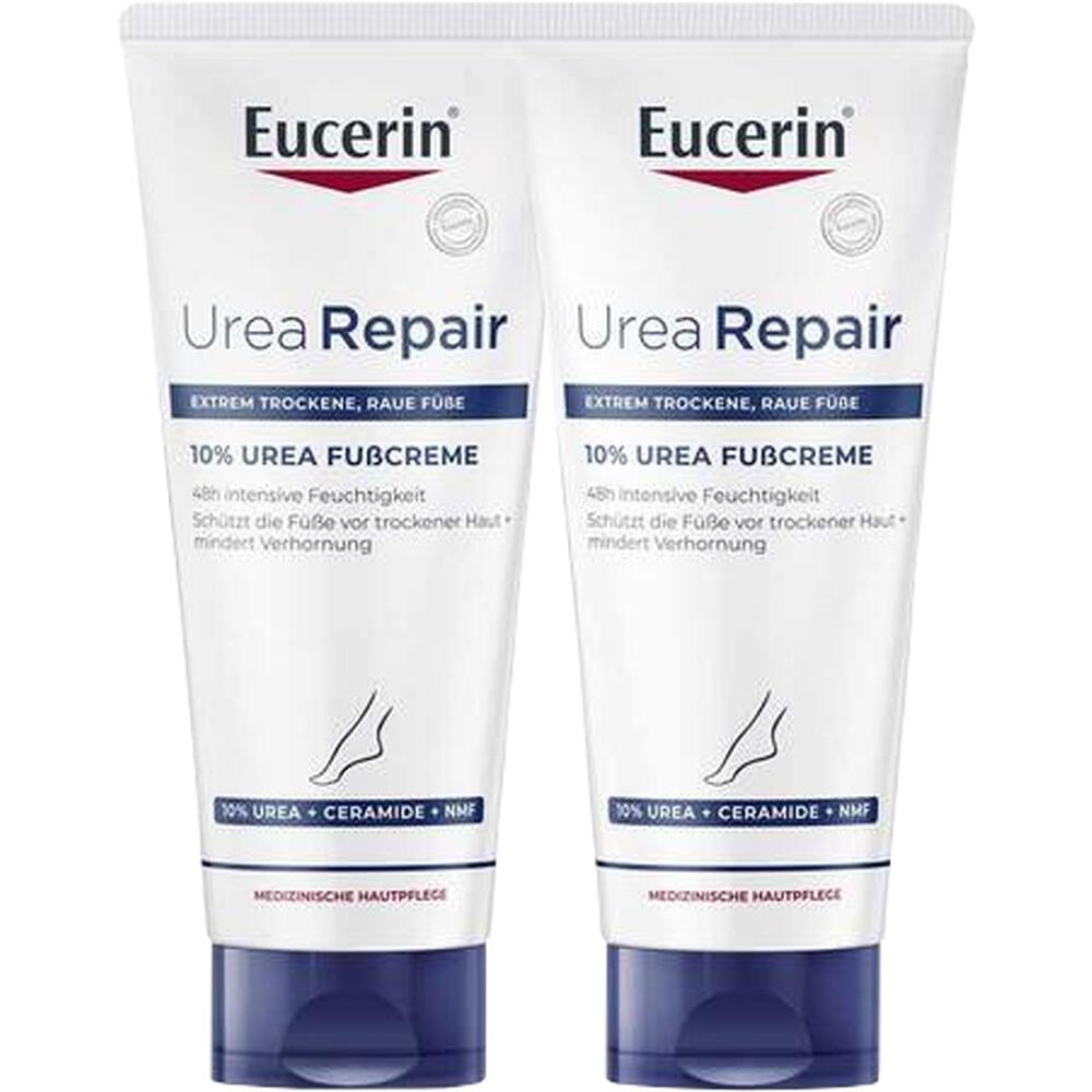 Zwei Tuben Urea-Fu&szlig;creme von Eucerin f&uuml;r trockene, raue F&uuml;&szlig;e.