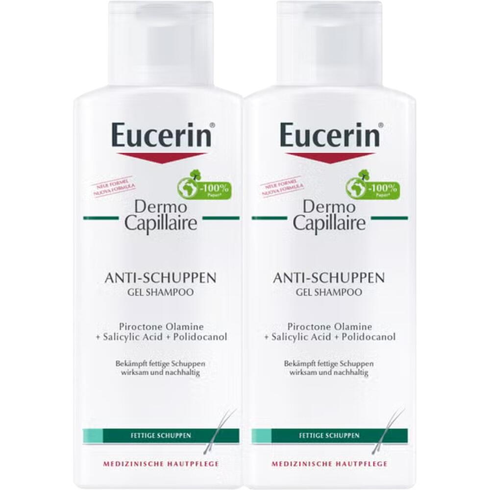 Zwei Flaschen Anti-Schuppen-Gelshampoo von Eucerin.