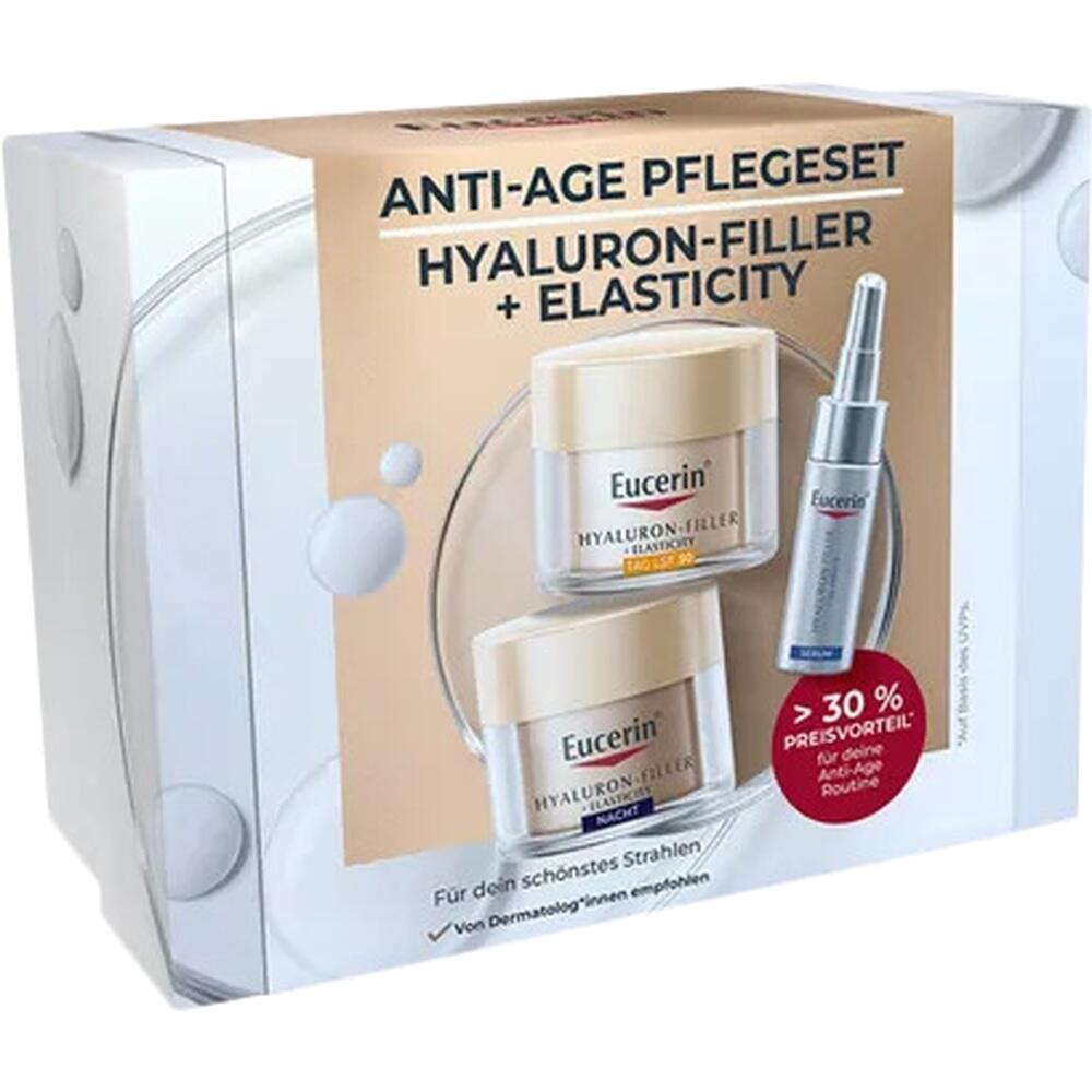 Verpackung eines Anti-Aging-Pflegesets mit Cremes und Serum.