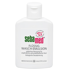 Wei&szlig;e Flasche mit Sebamed Fl&uuml;ssig Wasch-Emulsion f&uuml;r empfindliche Haut.